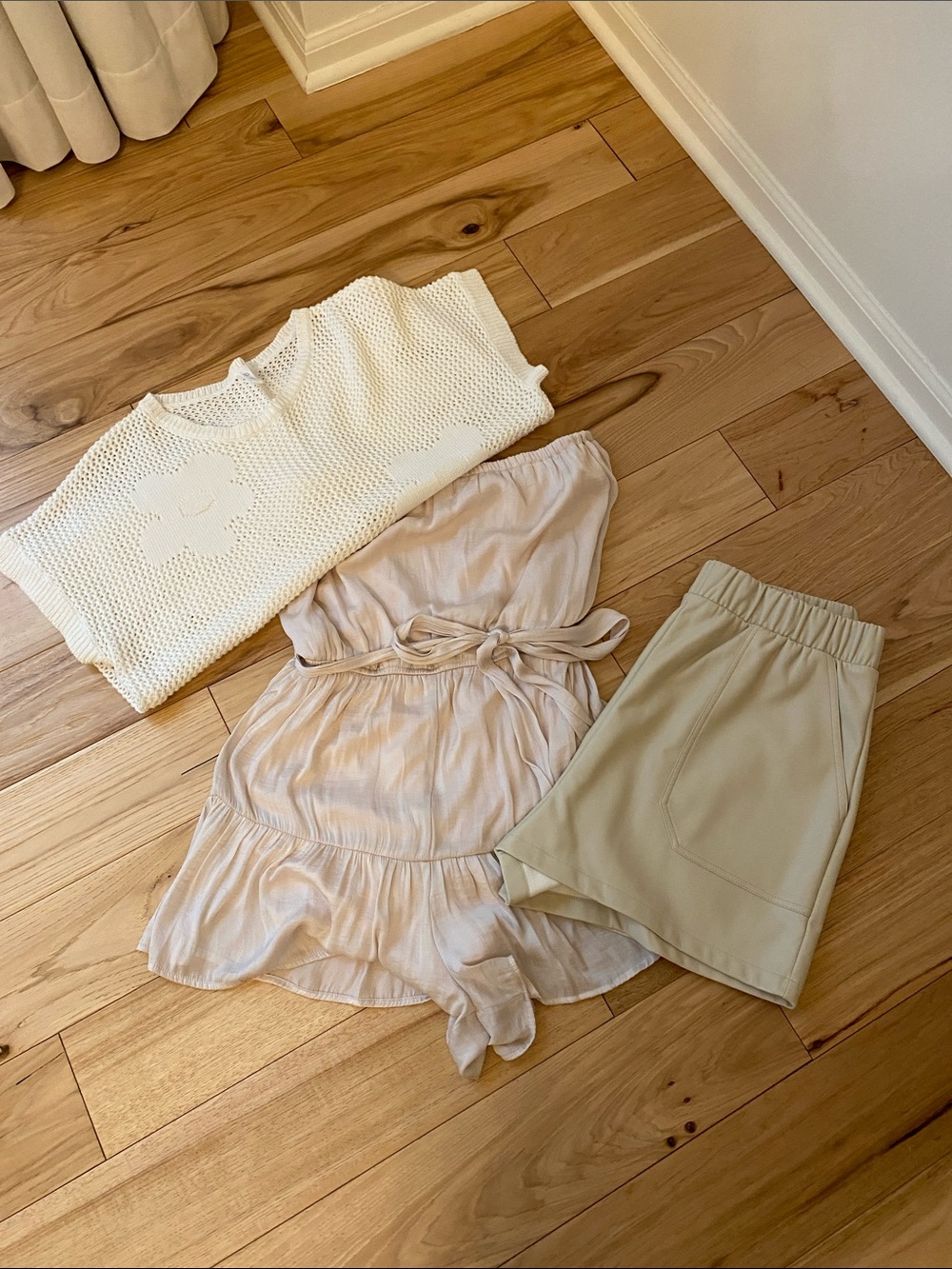 Neutral Summer Set: White Knit Top + Blush Romper + Beige Shorts
